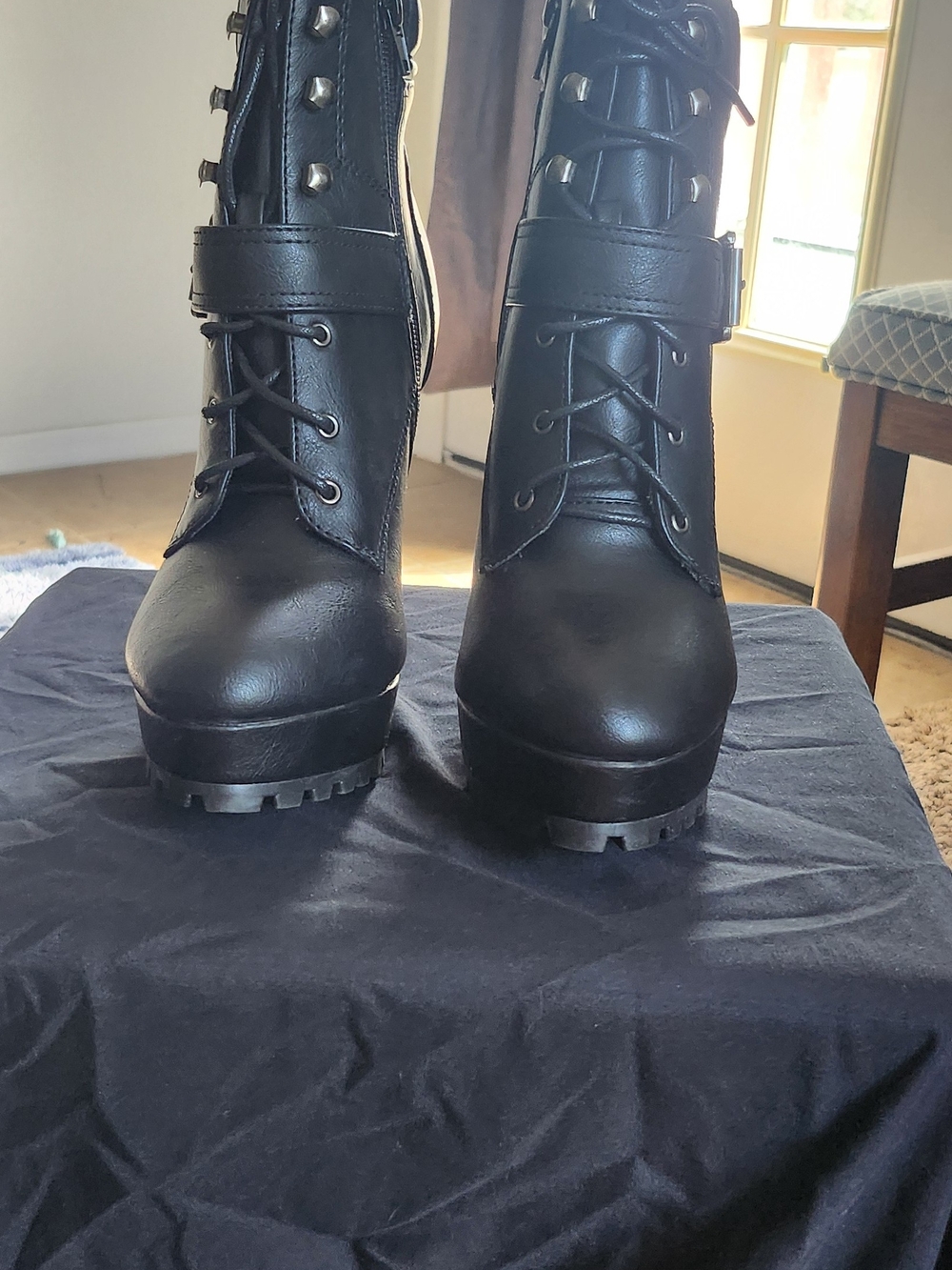 JustFab Black Lace-Up Platform Ankle Boots with Stud Accents